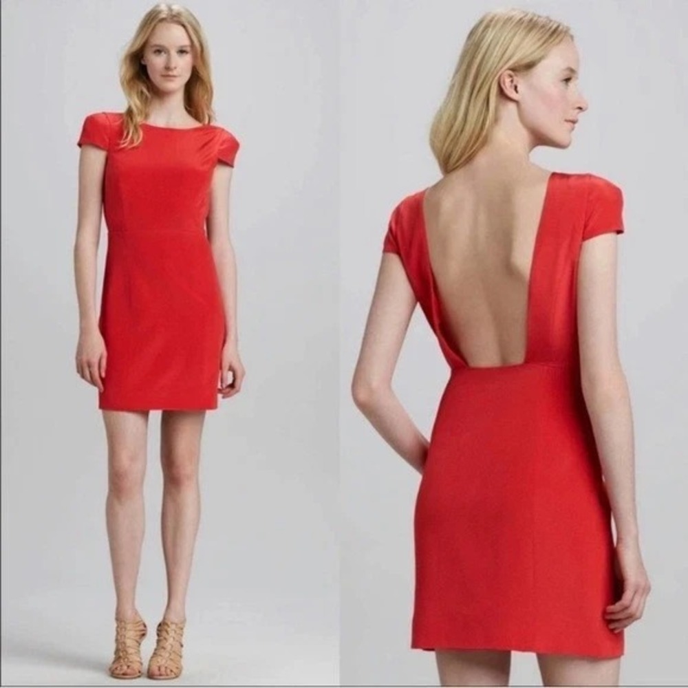 Tibi Silk Backless Open Back Dress-Cap Sleeves-Party Coctail-Red-Size 10-NWT